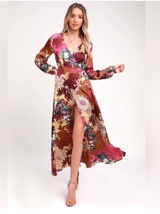 Lulus Dresses & Skirts - Lulus | Put on a Smile Burgundy Floral Print Satin Wrap Maxi Dress